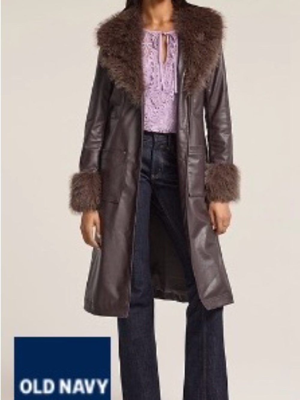Anna Sui for Old Navy-Bright Bordeax Leather Coat with Fur Trim
